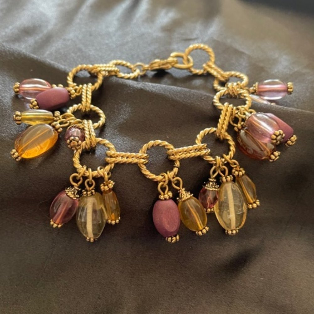 Gold chain bracelet with dangles multi color beads